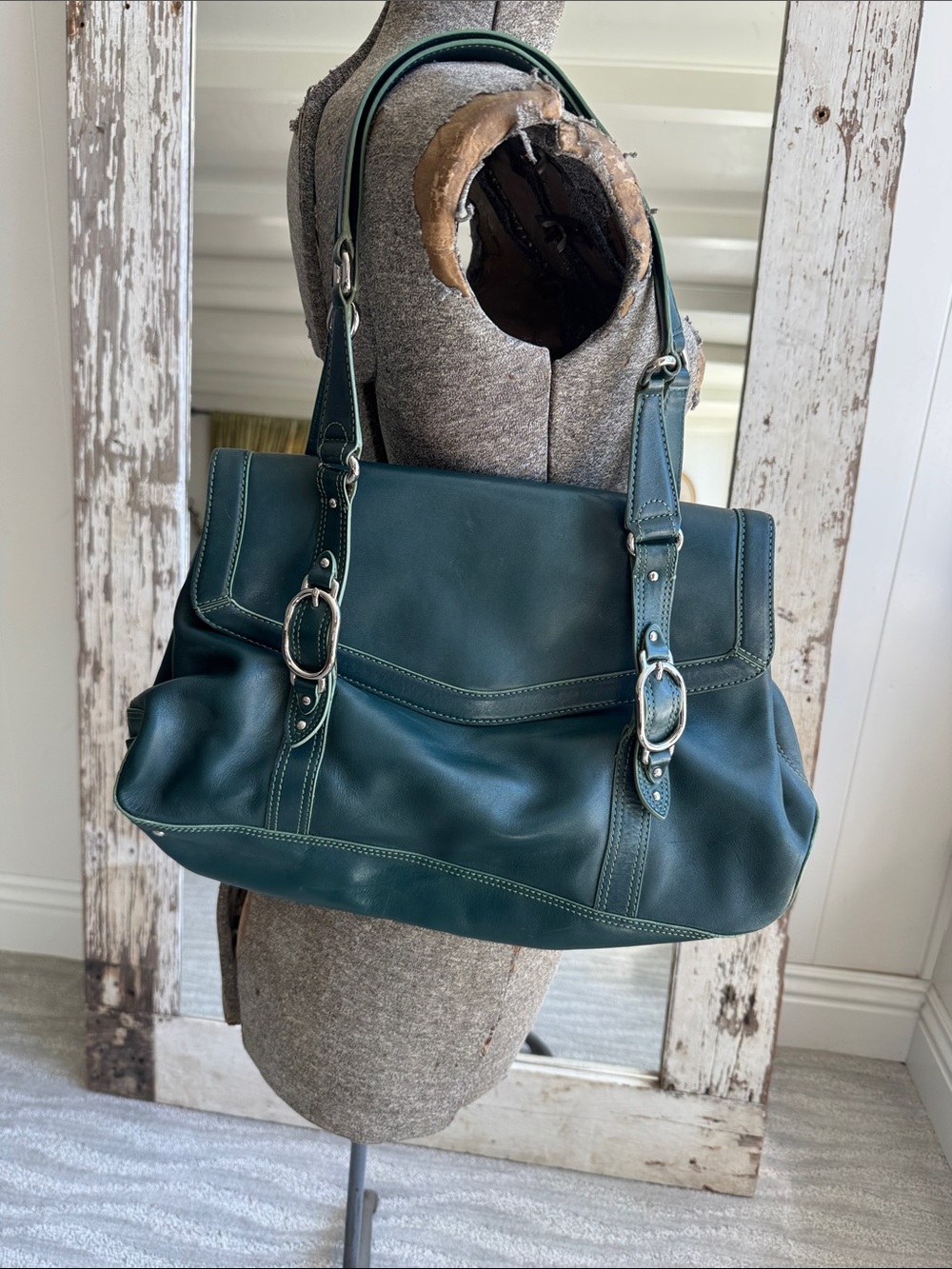 Cole Haan Teal Leather Shoulder Bag with Silver Hardware